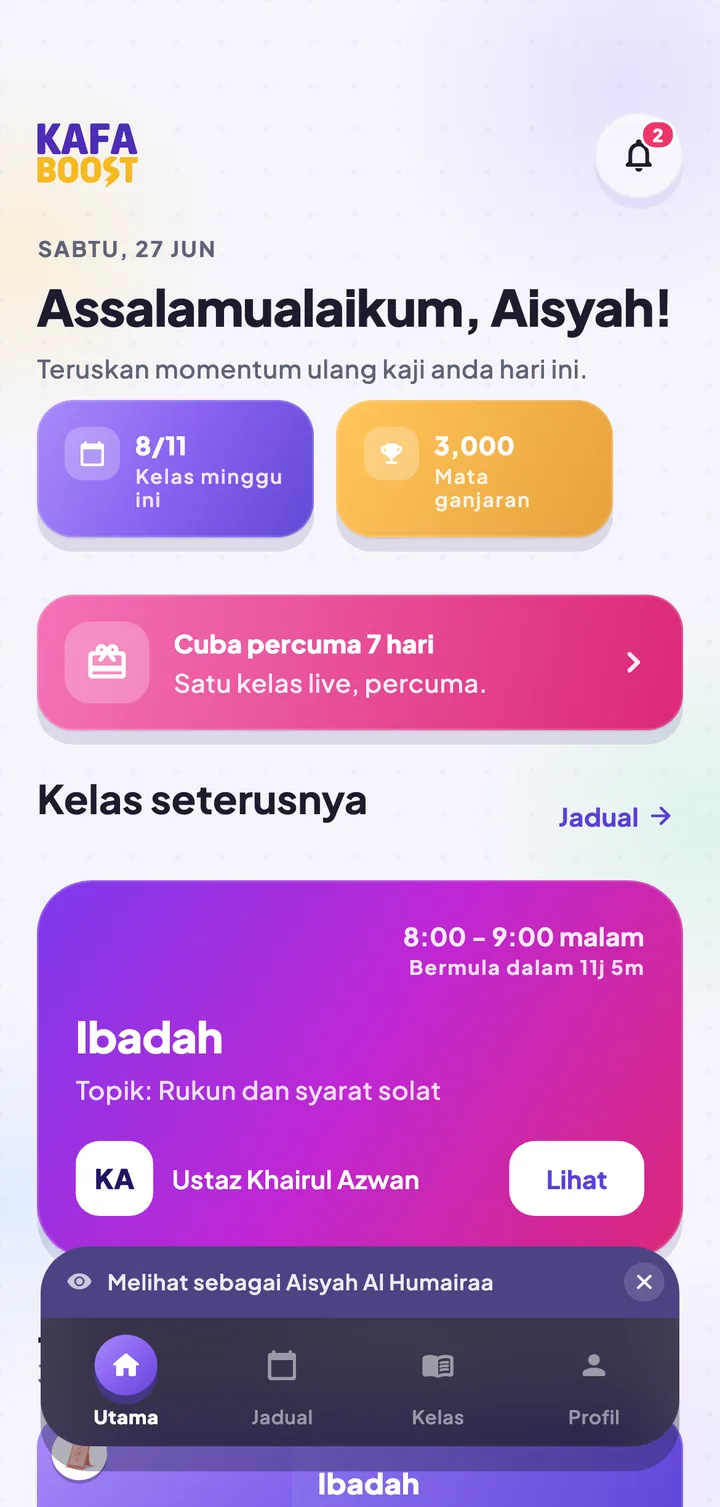 Skrin utama aplikasi KAFA Boost