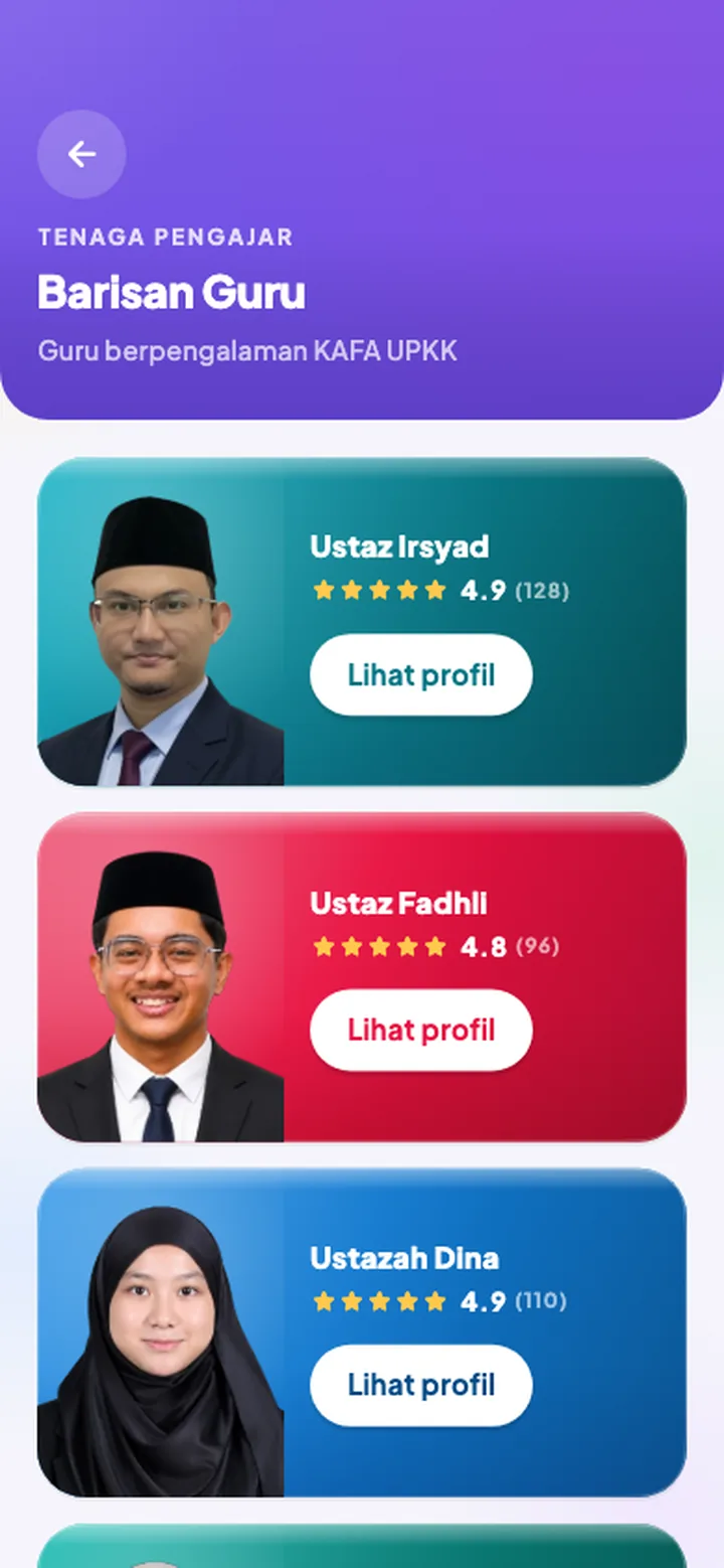 Barisan guru berpengalaman KAFA Boost, setiap seorang dengan penilaian 4.9