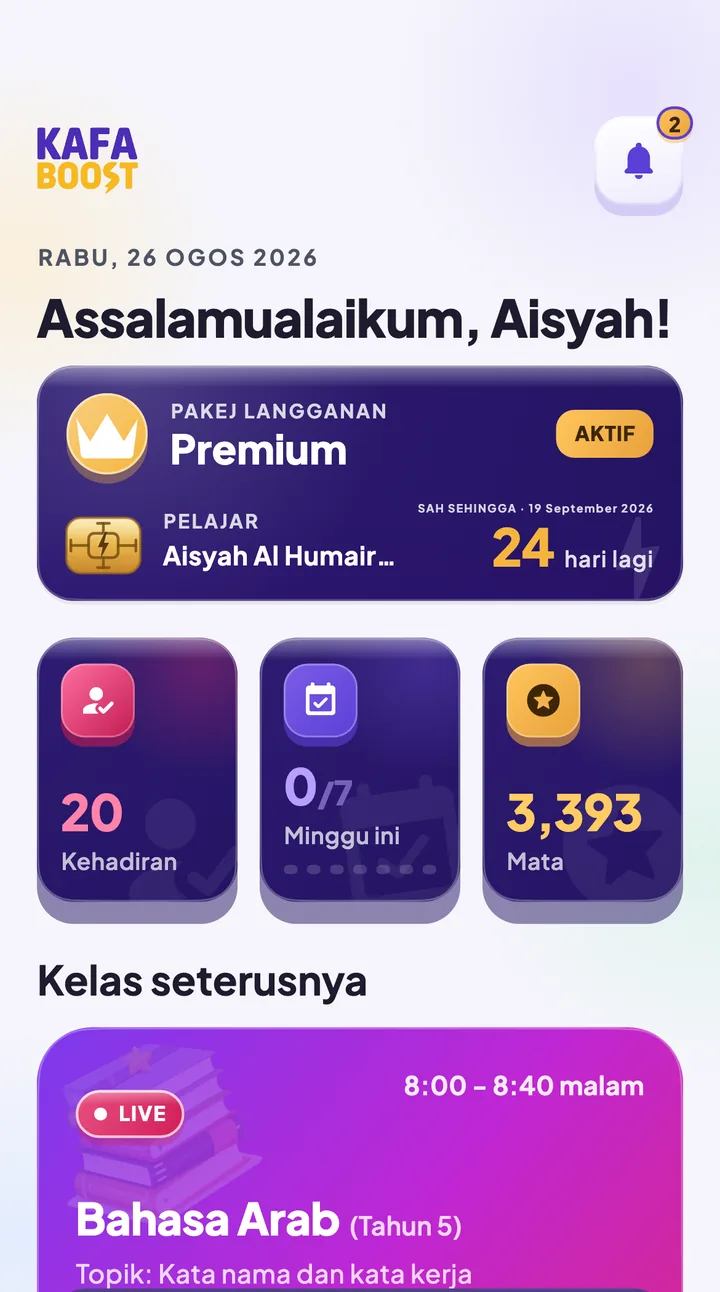 Skrin utama app KAFA Boost dengan kehadiran dan mata ganjaran