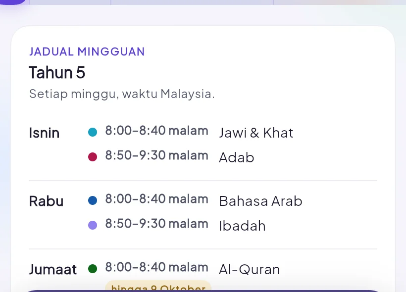 Jadual mingguan Tahun 5 KAFA Boost