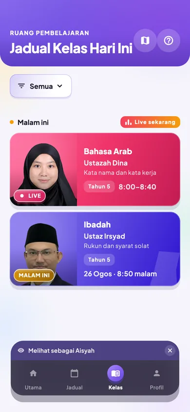 Skrin kelas live dalam app KAFA Boost