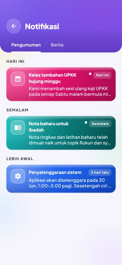 Notifikasi dan peringatan kelas dalam app KAFA Boost