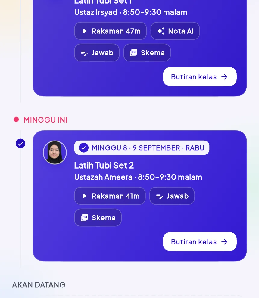 Senarai kelas bagi satu subjek dalam app KAFA Boost