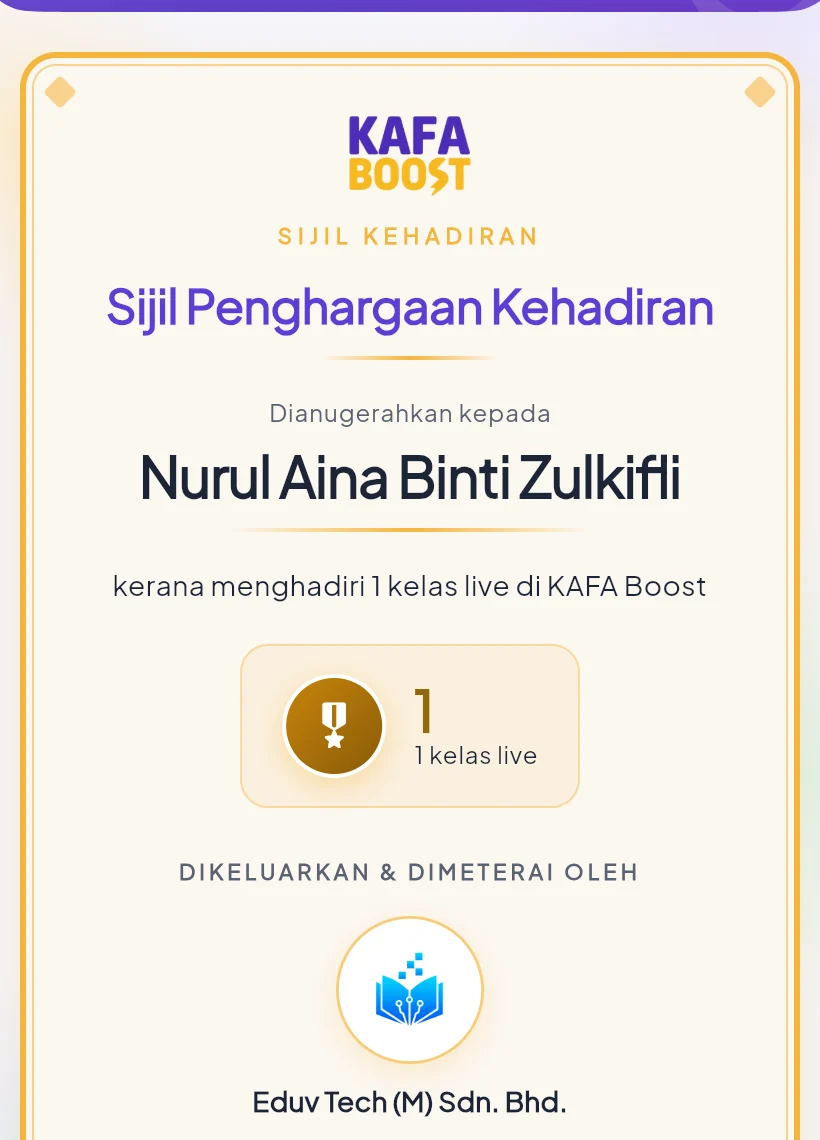 Sijil penghargaan kehadiran KAFA Boost